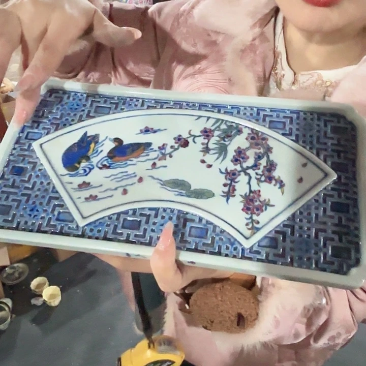 摆件陶景德镇高温绿希希茶盘