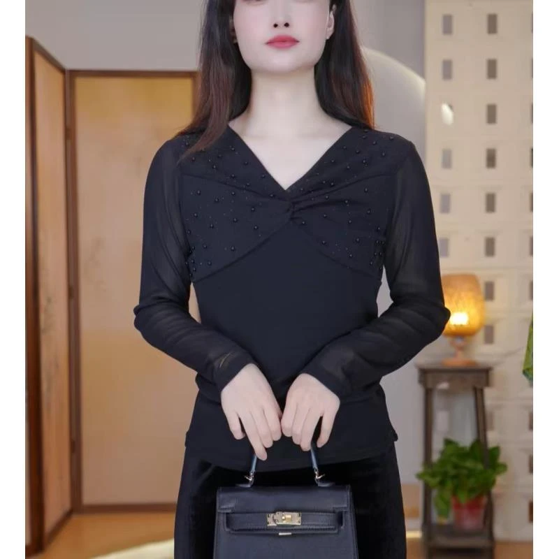 爆款女人味长袖网纱打底小衫优雅气质百搭遮肚显瘦T恤上衣 278