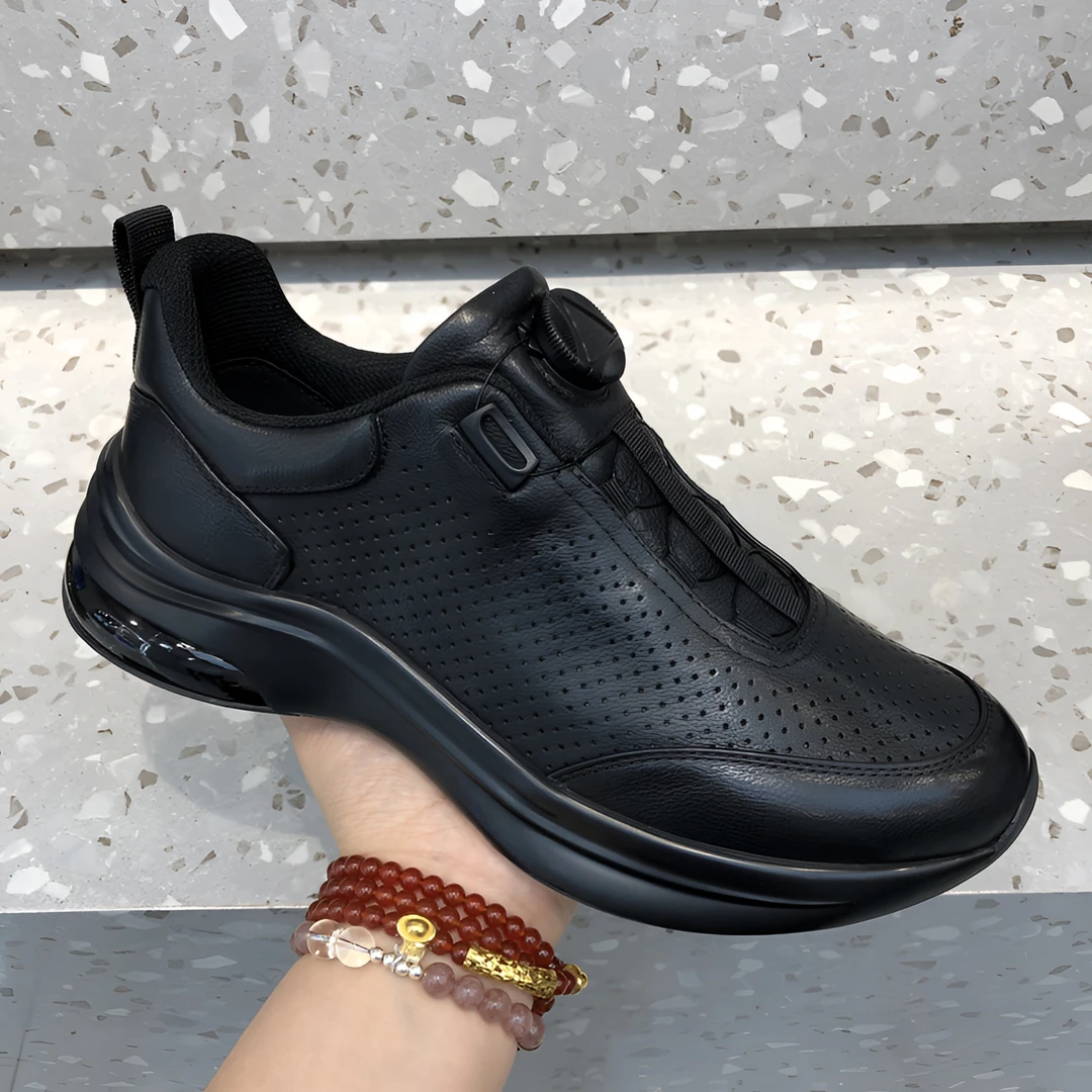 广州真皮男士休闲皮鞋黑色纯牛皮纽扣厚底百搭轻便透气户外运动鞋