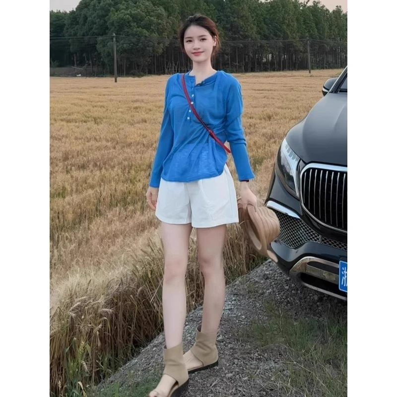 2025新款夏天巨好看的独特漂亮超好看上衣美式复古蓝色长袖t恤衫