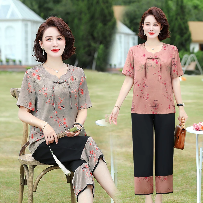 8007 妈妈装夏款短袖洋气新中式套装国风两件套中老年女装套装