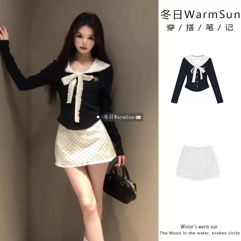 韩系甜美风娃娃领绑带套装春秋高腰波点半身裙修身长袖上衣三件套