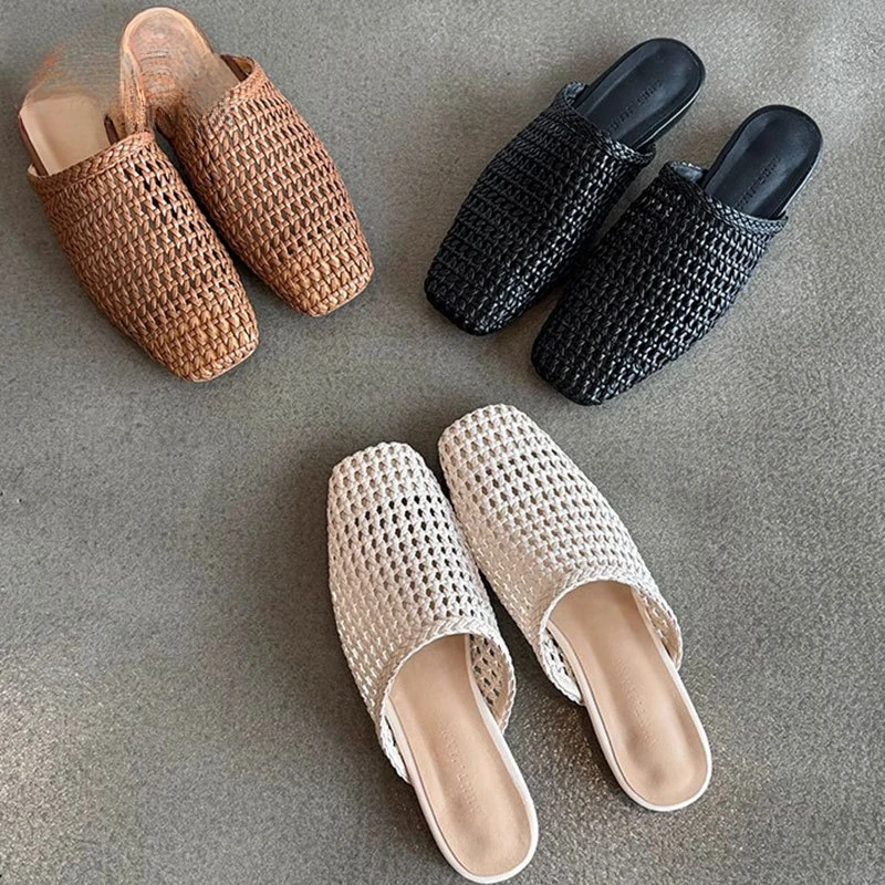 牛皮编织·跟高4CM·时尚百搭增高编织镂空包头拖鞋夏季半拖平底