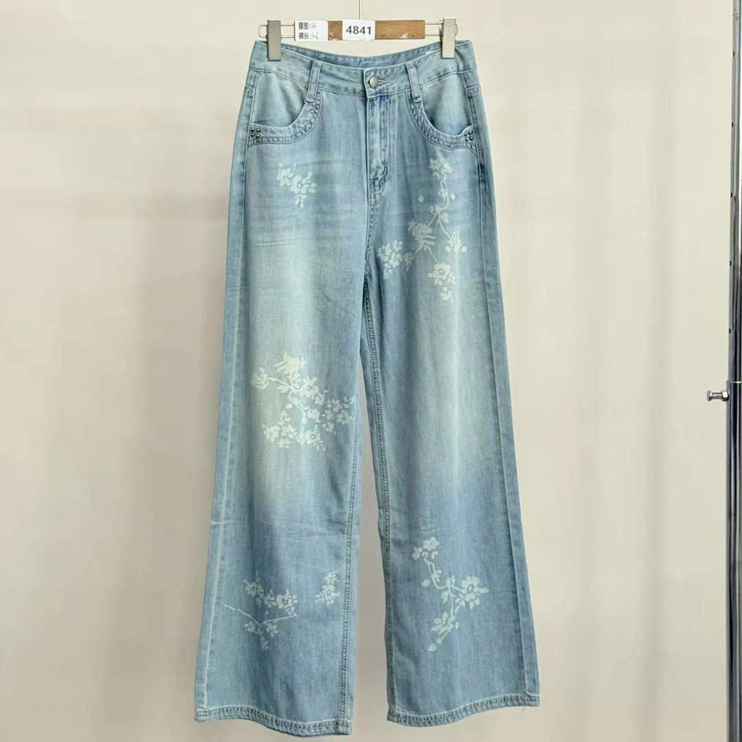 4841号8731#百搭复古印花休闲阔腿牛仔裤