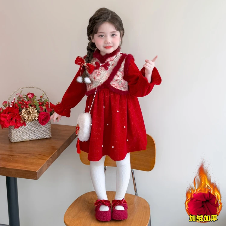 小女童旗袍裙拜年服冬款2026新款国风宝宝唐装女孩中式加厚连衣裙
