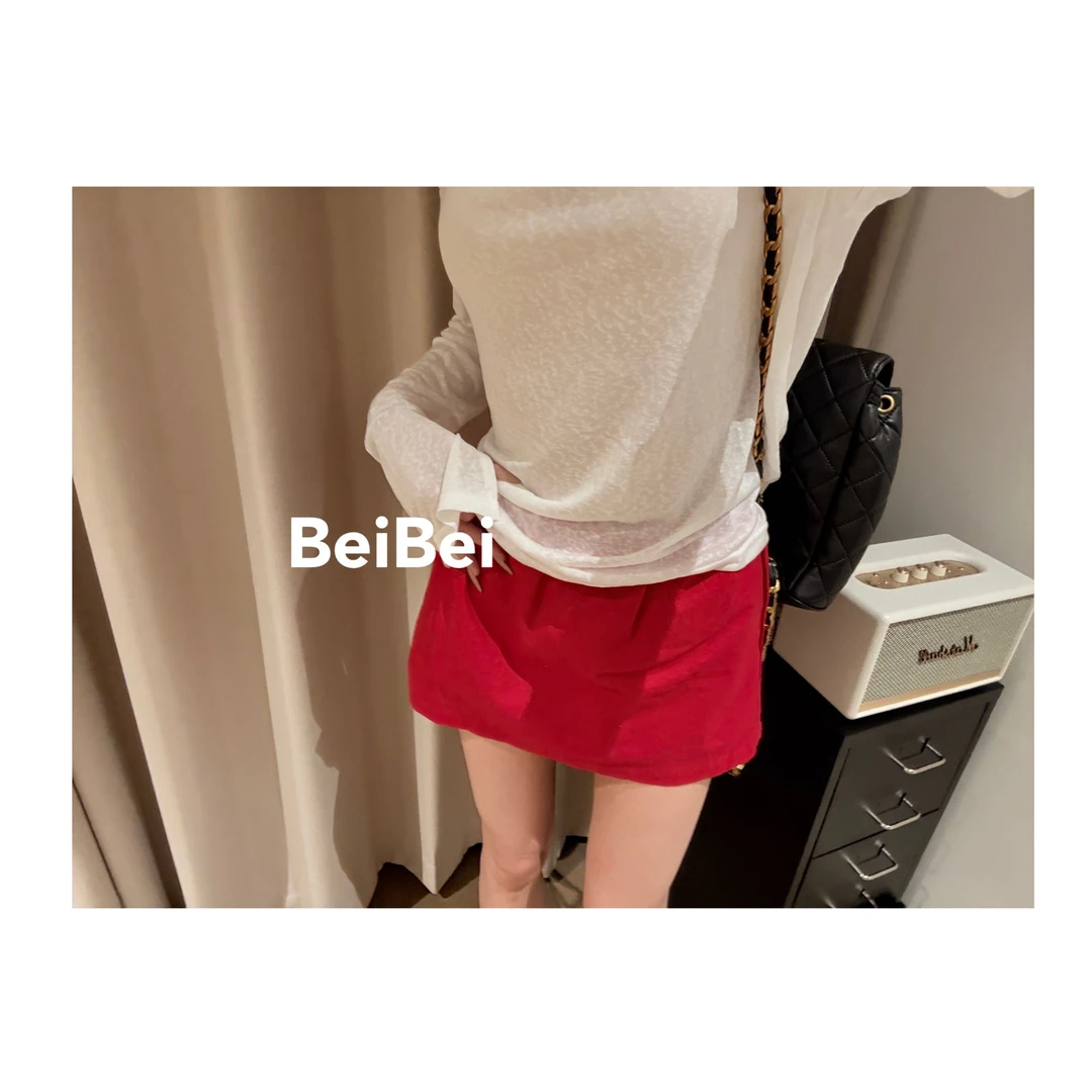 Beibei【亚麻腿精王】显白显瘦红色时尚夏百搭防走光亚麻短款半身裙