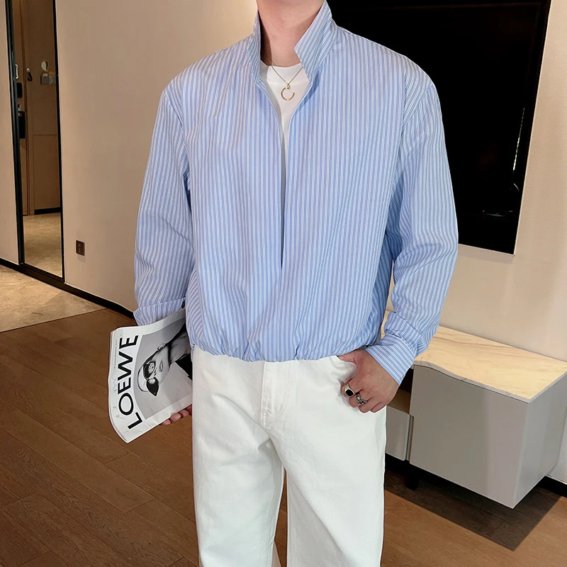 秋季韩国高级感假两件条纹衬衫男长袖设计感百搭短款立领衬衣网红