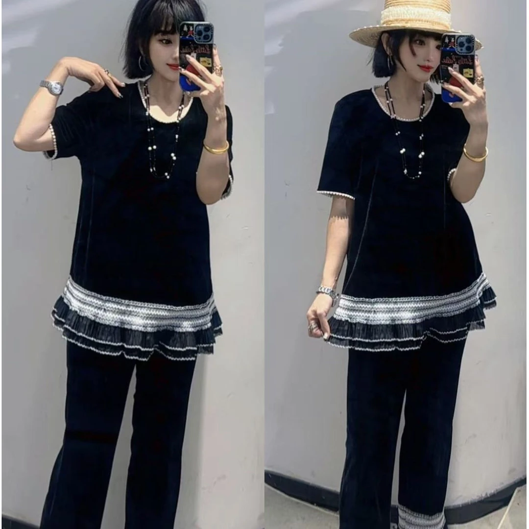 小众【随性活力】欧货高品花边拼接设计丝绒上衣+裤子套装250059