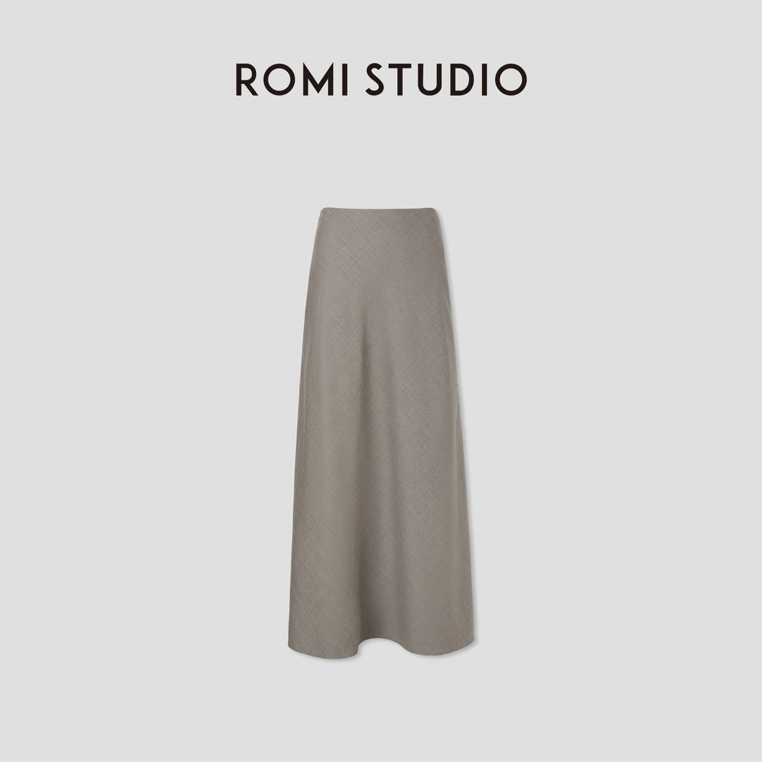 ROMI STUDIO“从容优雅”绵羊毛混纺斜纹花纱感A字半裙 RW24WXD1254