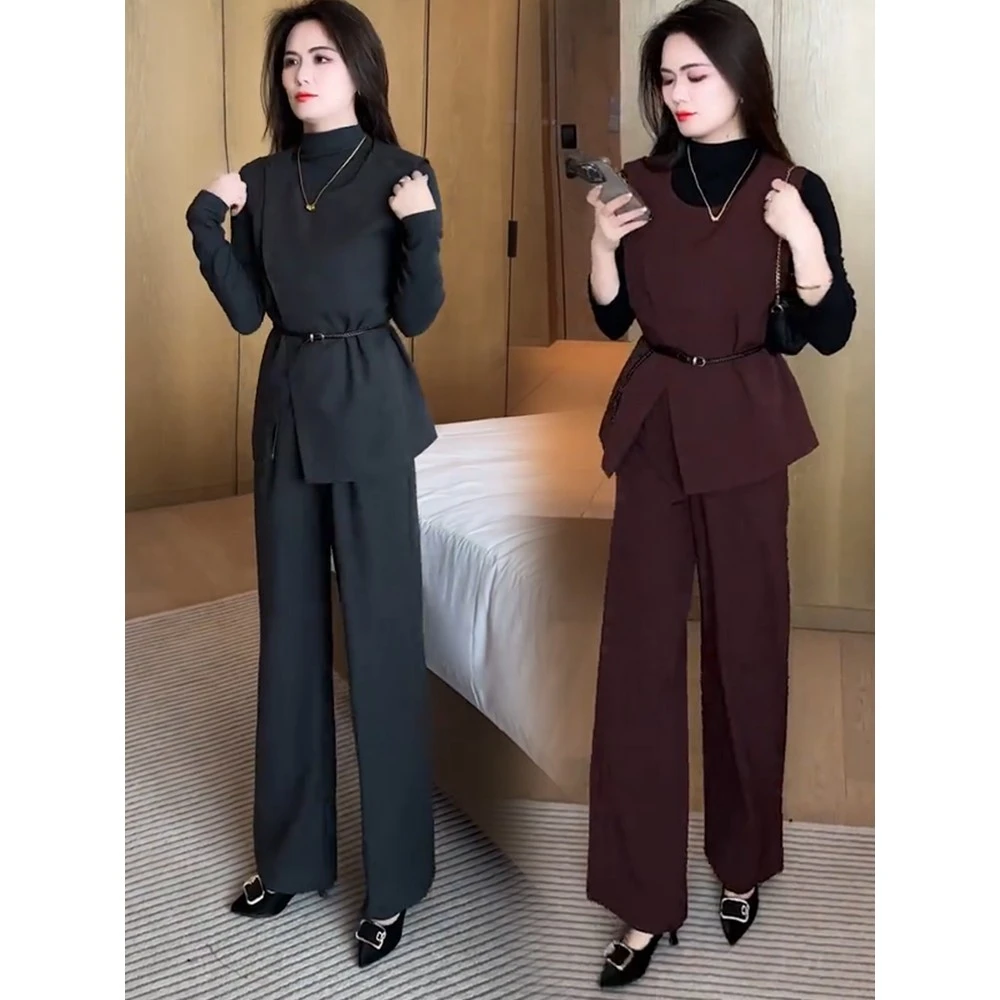 时尚套装女2025春秋新款洋气显瘦马甲打底衫阔腿裤休闲减龄三件套