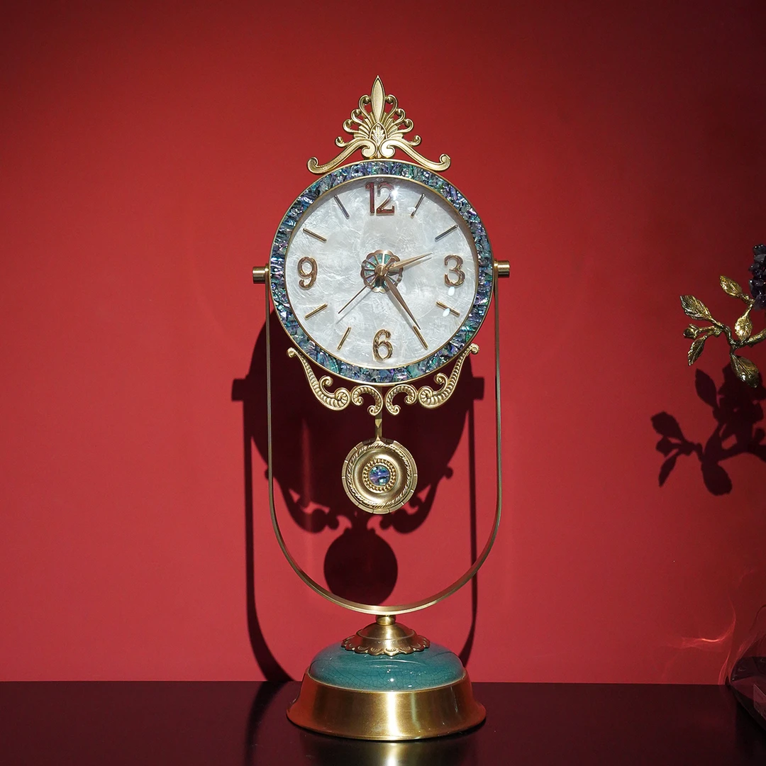 【本尼家】法式轻奢铜镶大理石客厅大号软白贝钟表卧室装饰座钟摆件