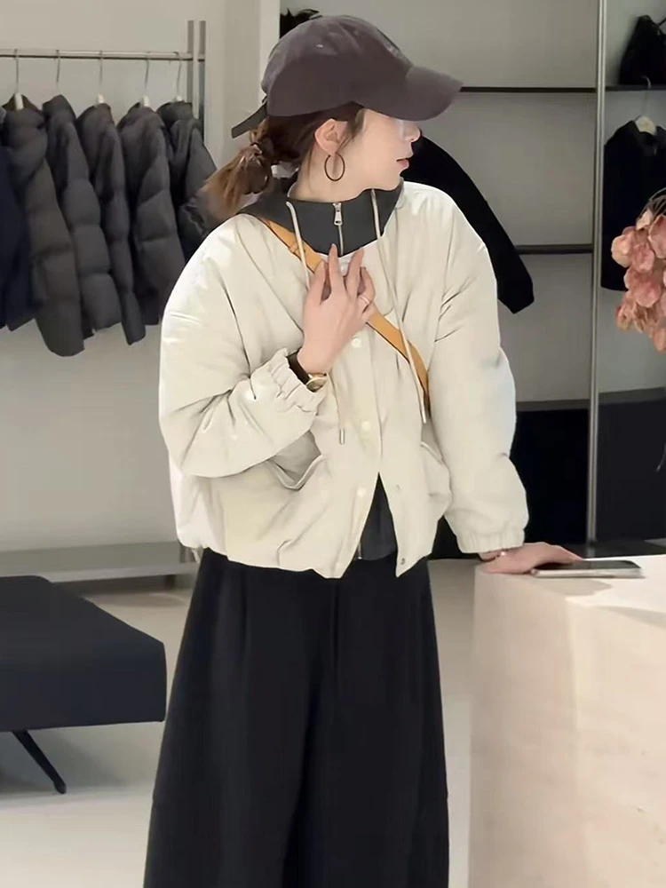 韩系简约圆领短款棉服女2025秋冬新款小个子宽松百搭休闲棉衣外套