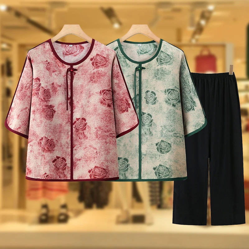 妈妈夏季套装大码洋气中国风老年人夏装女奶奶T恤婆婆两件套衣服