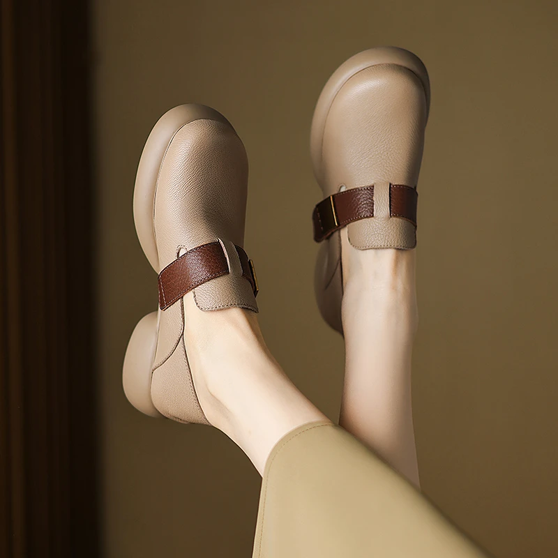 羊皮4公分/春秋新款圆头粗跟厚底乐福鞋女拼色中跟百搭小皮鞋单鞋