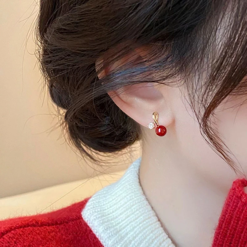 合金耳饰 【疆藏包邮】爆款珍珠红豆相思耳钉小众轻奢高级气质耳钉