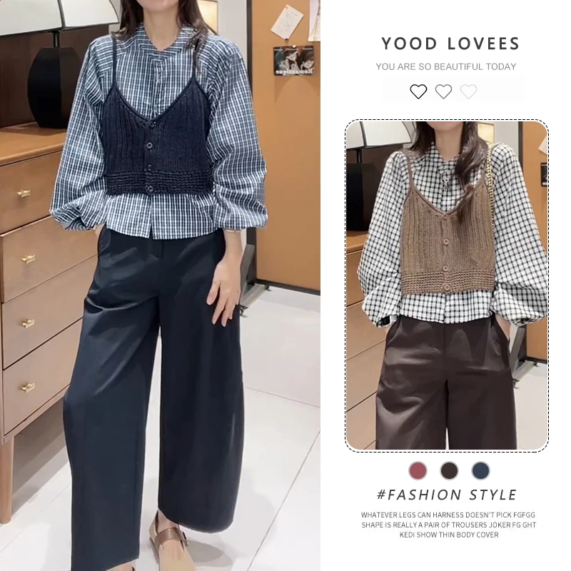 春秋新款韩系独特超好看穿搭高级感洋气吊带背心衬衫休闲裤套装女