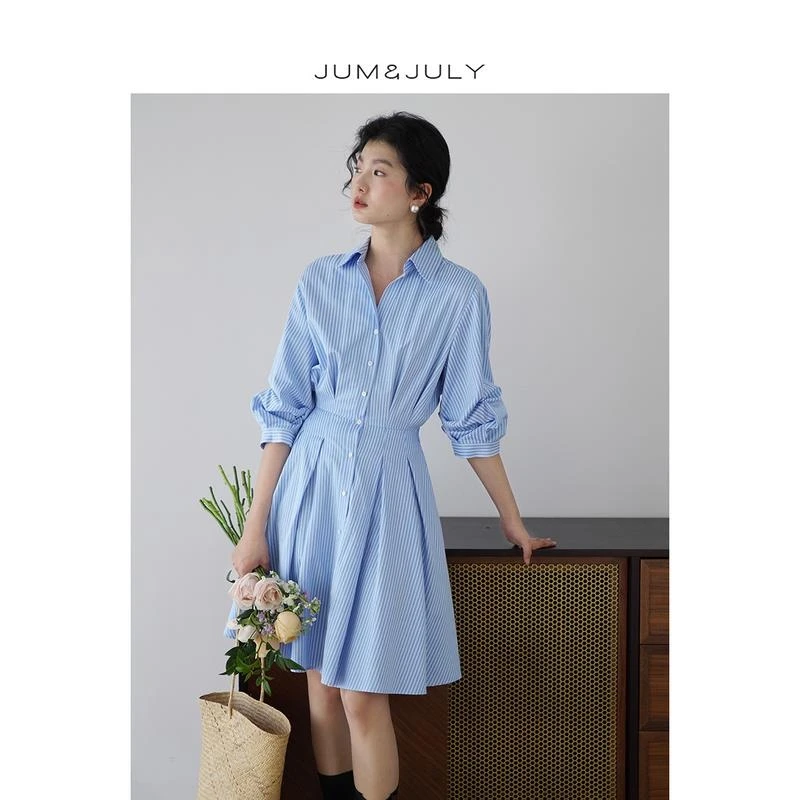 嘉茱莉七分袖条纹衬衫裙女设计感小众收腰时尚显瘦V领连衣裙Q1101