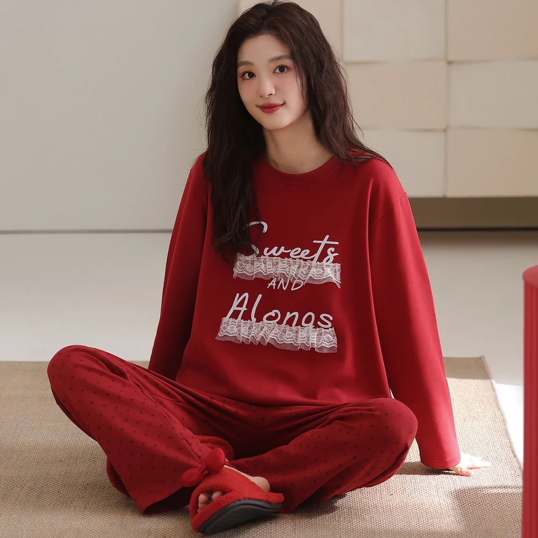 卡之恋红色长袖40支紧赛精梳双面纯棉可外穿居服【中厚全棉240g】