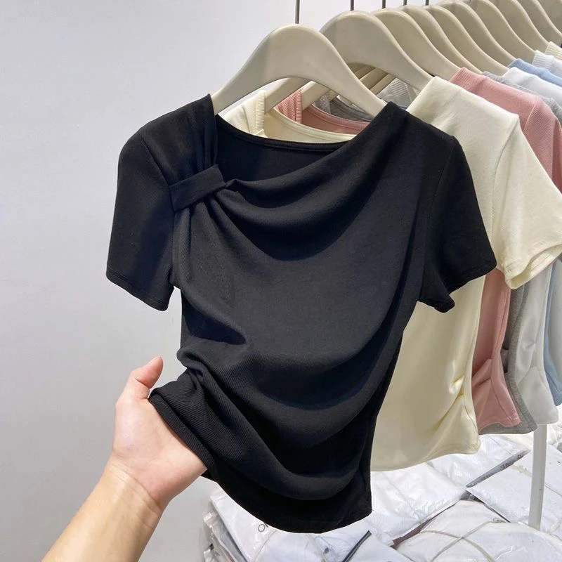 纯欲miu系少女斜肩扭结露锁骨短袖t恤女夏季纯欲修身褶皱收腰上衣