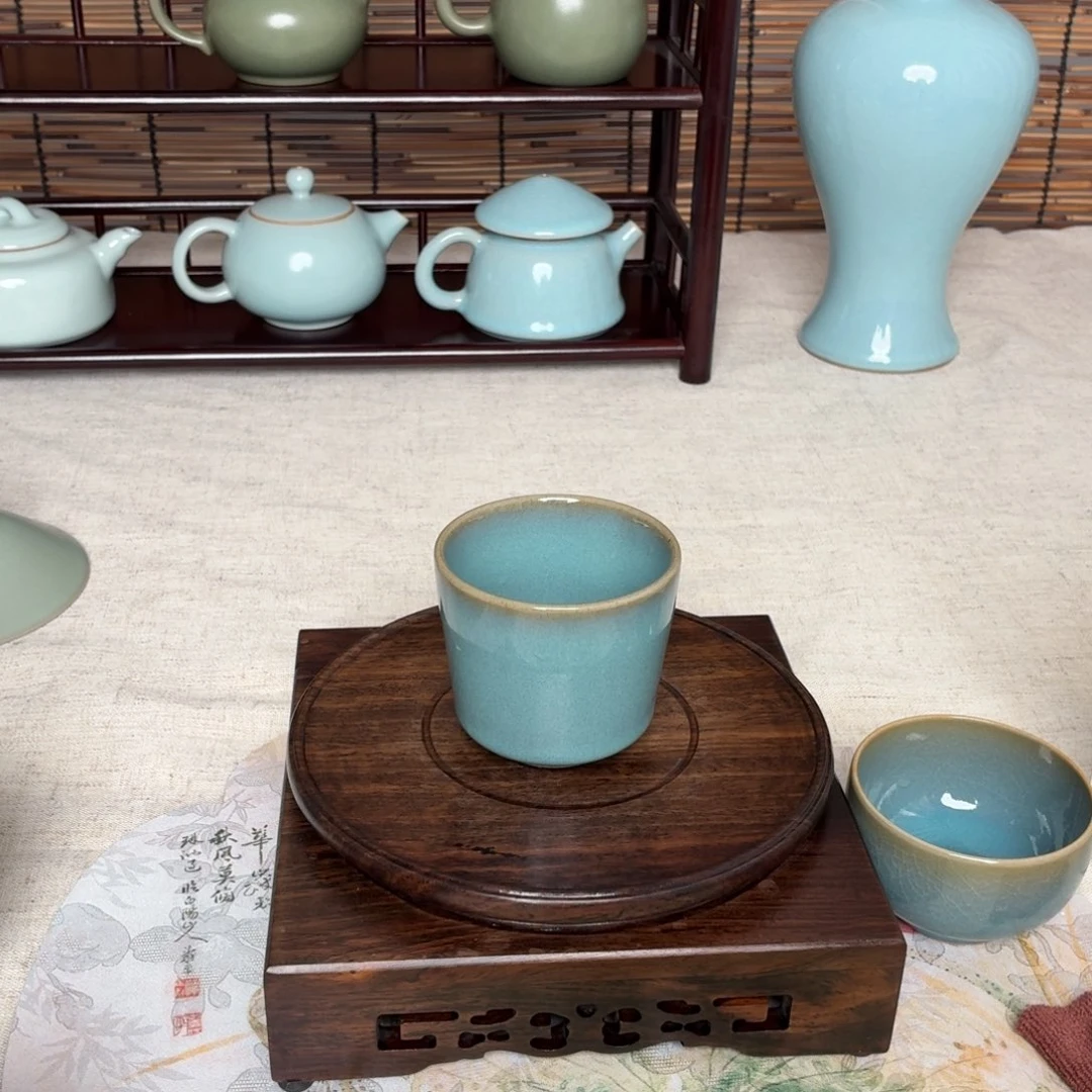 陶摆件天蓝竹节杯