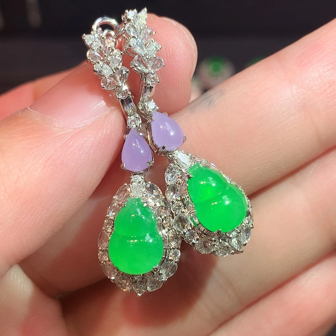 翡翠18K金镶嵌耳饰高冰黄阳绿葫芦耳坠