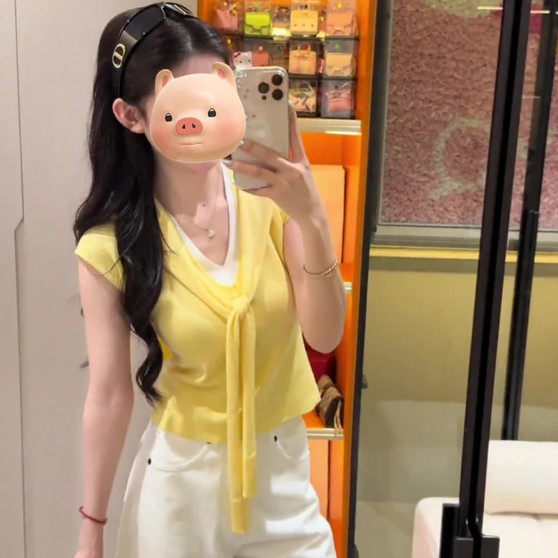 2025初夏穿搭黄色冰丝针织短袖T恤女夏季修身短款坎肩上衣两件套