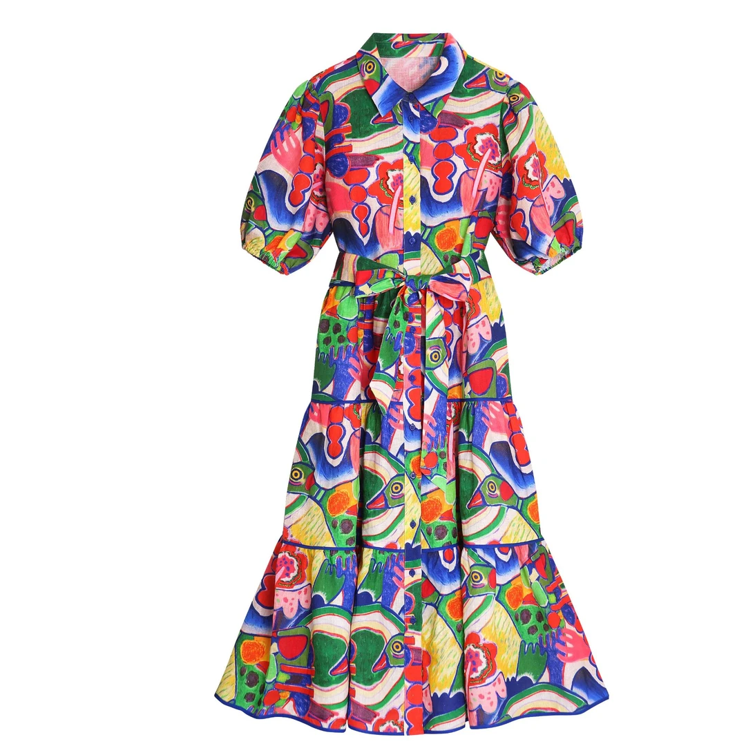 张静初她绽放法式印花连衣裙夏季新品亚麻V领小众高级感长裙KY