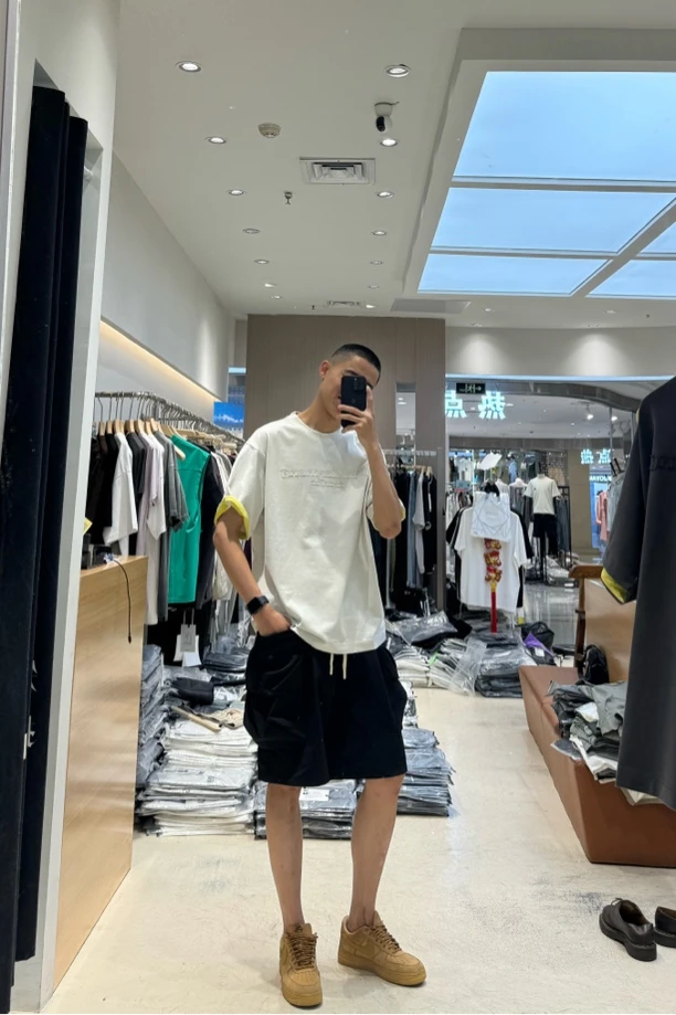 夏季新款高品质280g纯棉简约百搭刺绣微宽松男女同款袖口拼色T恤