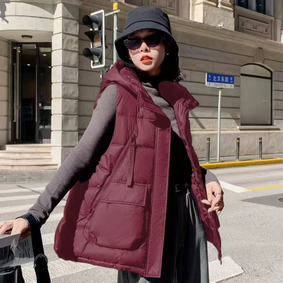 大码胖mm秋冬新款韩版加厚双口袋连帽棉衣马甲女宽松显瘦保暖外套