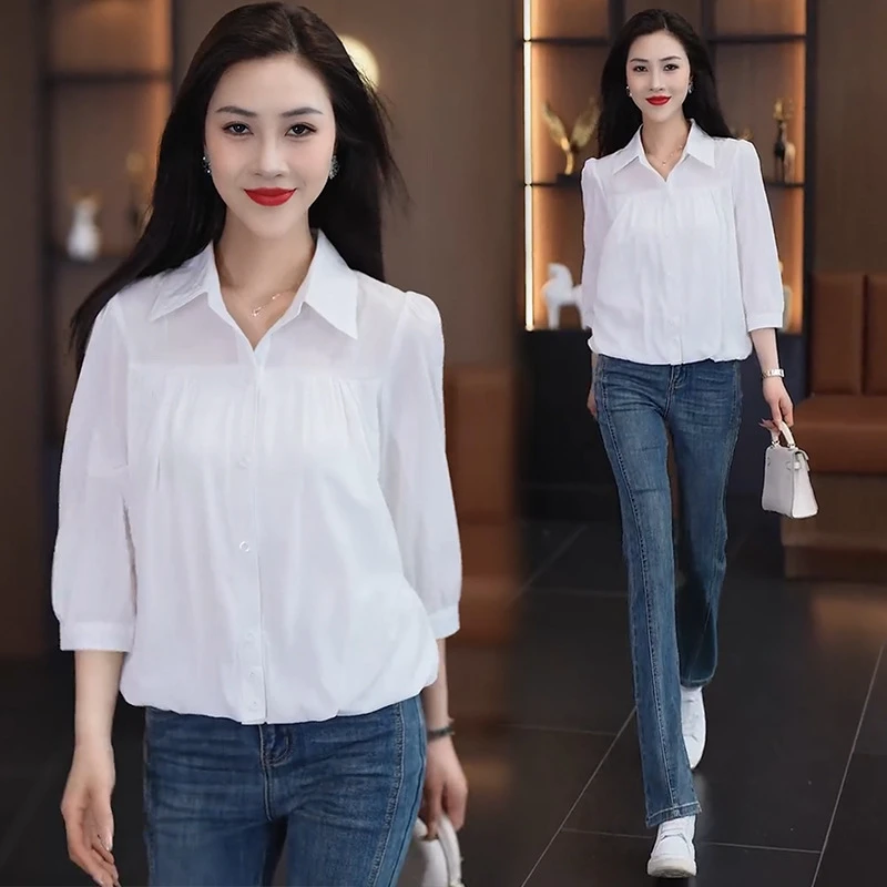 衬衣女宽松遮肚子短款上衣2024春夏装七分袖衬衫设计感打底衫，白，