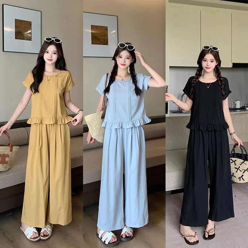 2025夏装新款胖mm大码女甜美飞飞袖木耳边短袖阔腿裤套装