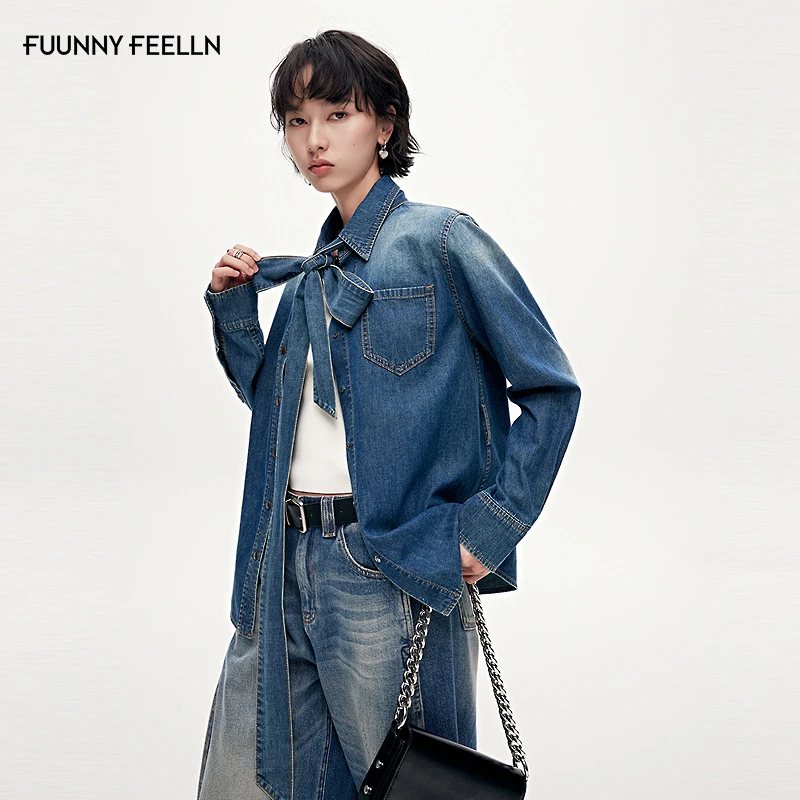 FF仿佛牛仔衬衫飘带设计感女2025早秋新款时尚质感长袖上衣衬衣