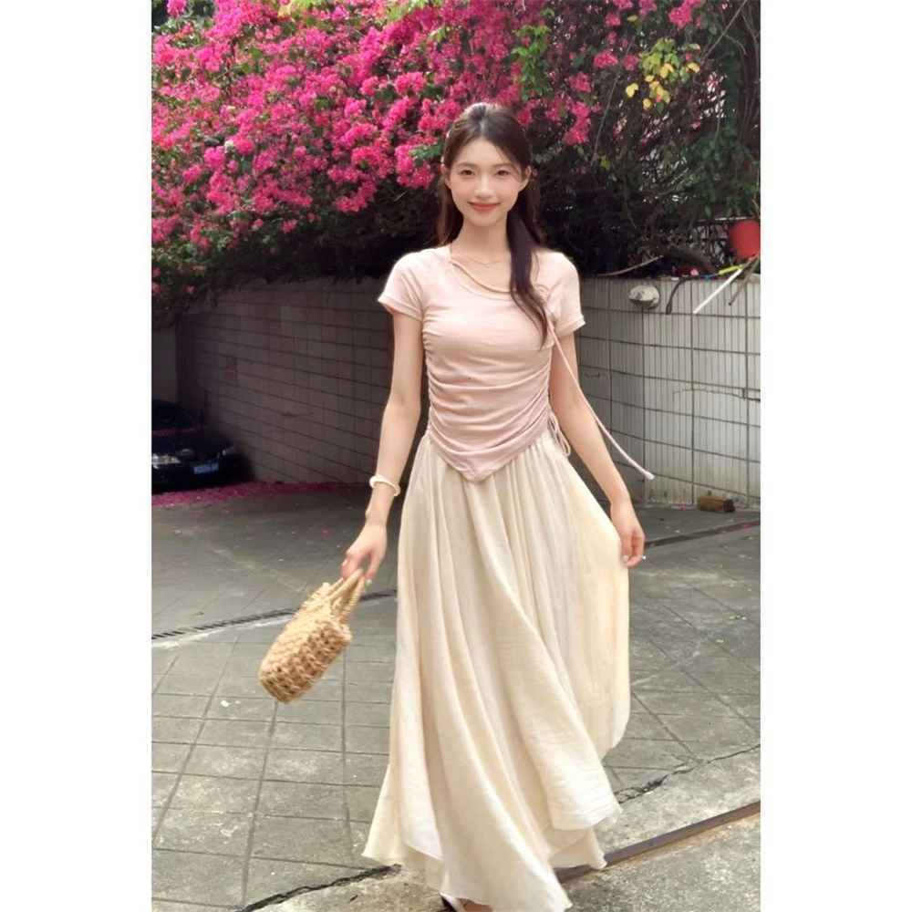 夏季纯欲风套装女玫瑰花收腰抽绳上衣小众不规则半身裙显瘦套装潮