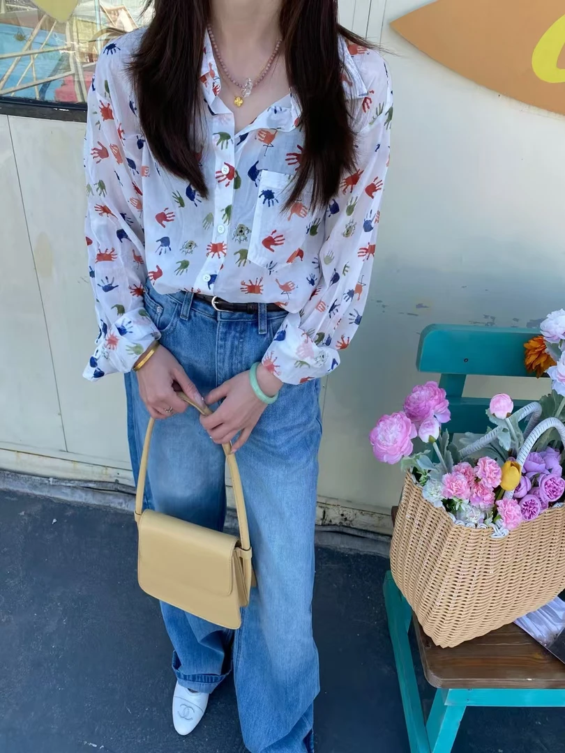 南韩时尚碎花翻领衬衫轻薄显瘦休闲上衣遮肉防晒百搭衬衣