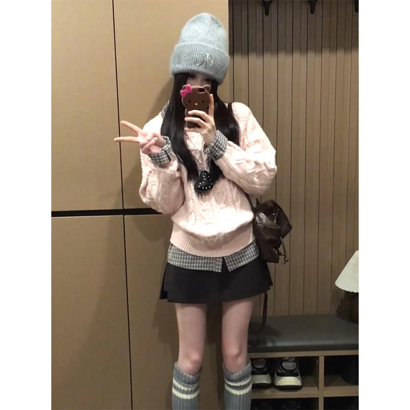 MARIE.COCO秋冬韩系针织衫毛衣叠穿格纹衬衫上衣休闲裤裙潮流套装