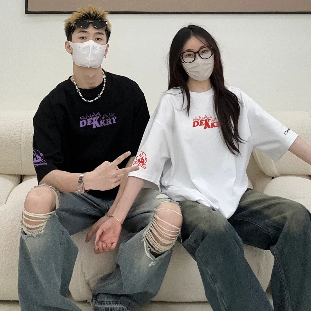 美式vintage字母印花短袖t恤男春夏季宽松休闲风重磅纯棉情侣上衣