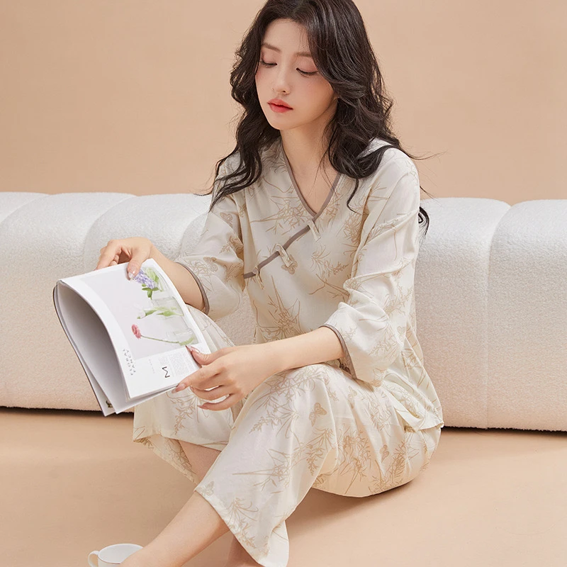 新中式睡衣女春夏秋季新款棉绸盘扣七分袖长裤甜美国风家居服套装