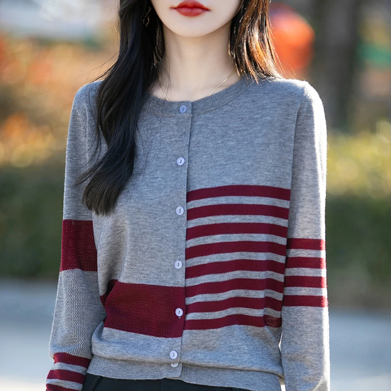 【精仿羊毛】宽松圆领针织开衫外套不规则横条纹气质毛衣女春秋款P