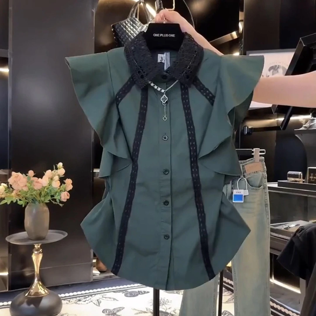 COS MOCO UR大码2025夏季新款设计感上衣时尚蕾丝拼接荷叶边气