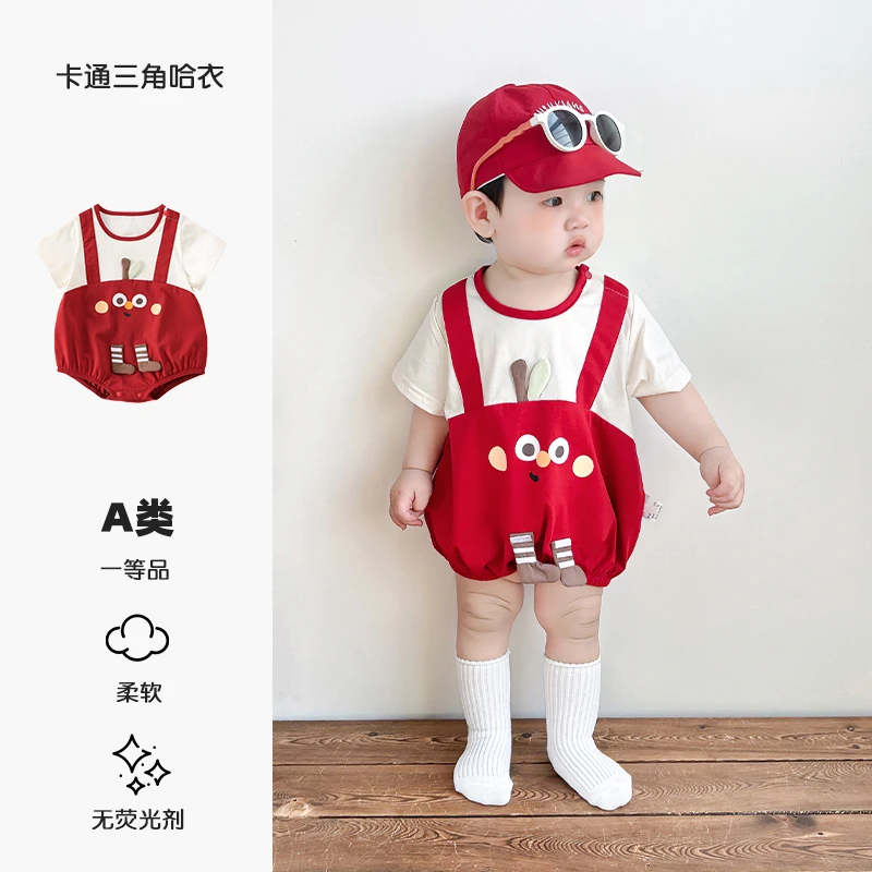 新生儿夏季新款连体衣婴儿男女宝夏装小苹果三角哈衣可爱外出服
