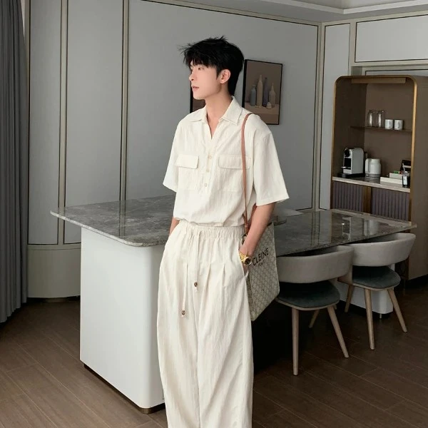 设计师款凉感亚麻男士衬衫短袖轻奢夏季套装老钱风高级感休闲衬衣