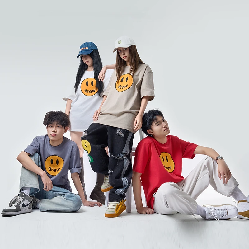 DREW MEDM笑脸短袖T恤夏季纯棉宽松美式潮牌ins半袖男女情侣同款