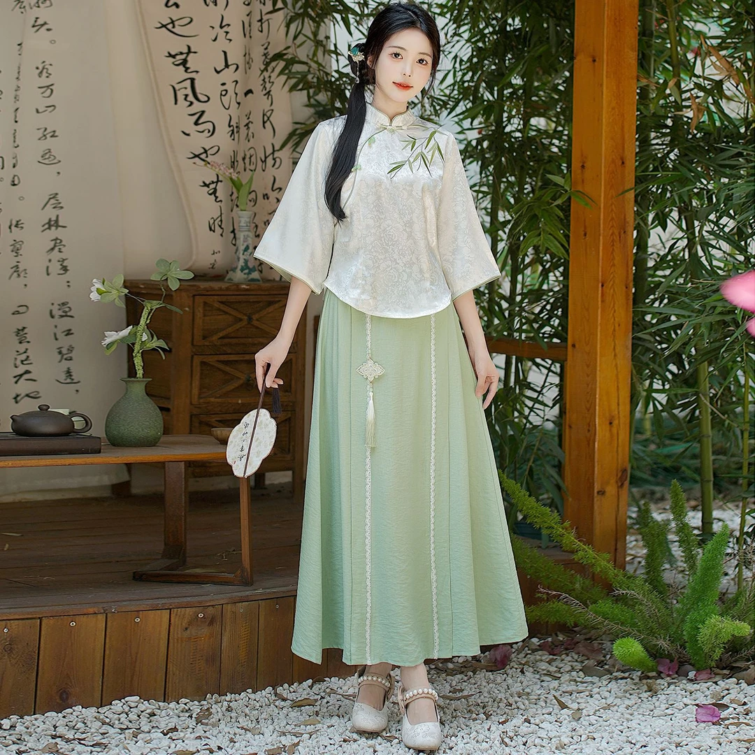 新中式刺绣女装中国风年轻款改良汉服唐装套装禅意茶艺服装上衣夏