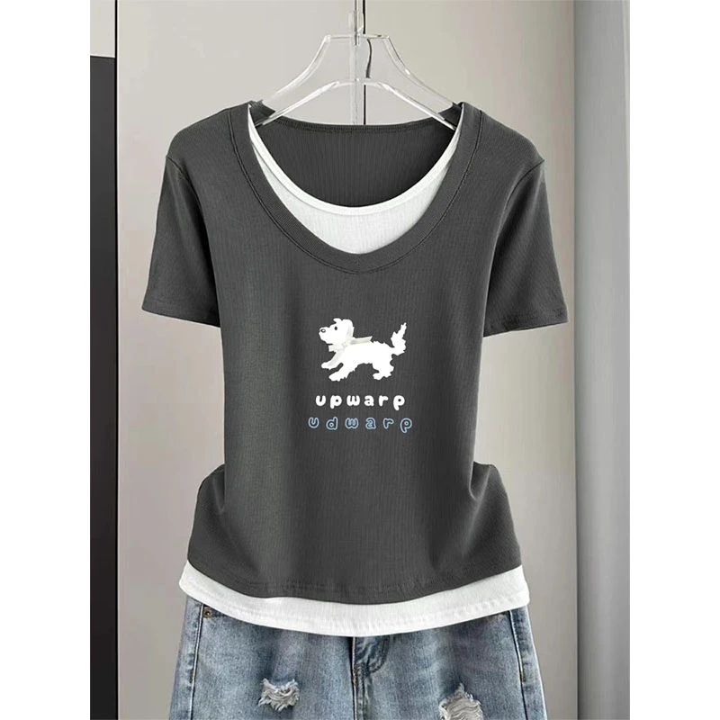 炭灰色假两件短袖T恤女夏季2025新款休闲百搭拼接遮肚子显瘦上衣