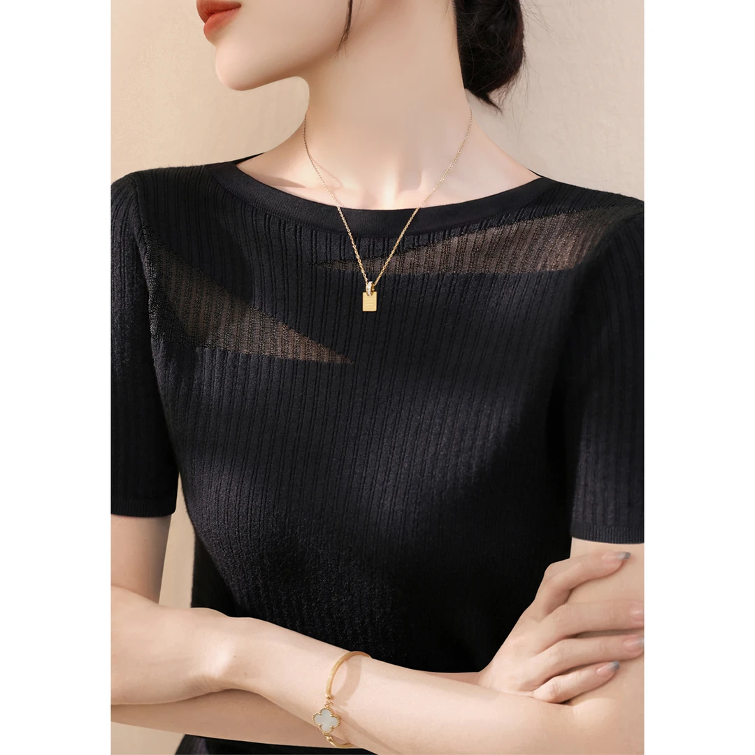 夏季修身百搭短袖针织衫t恤2025年新款一字领时尚莱赛尔上衣女