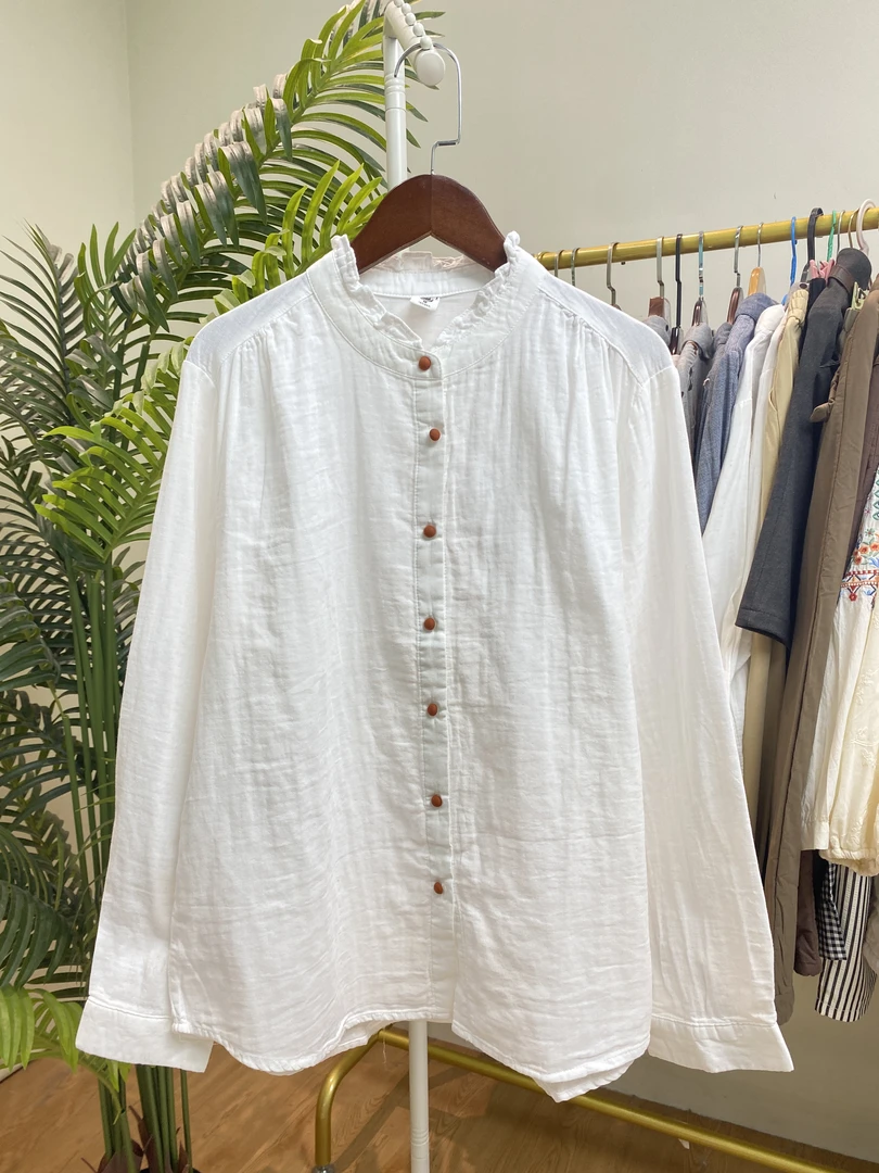 【花边领橙色纽扣棉纱衬衫】9329