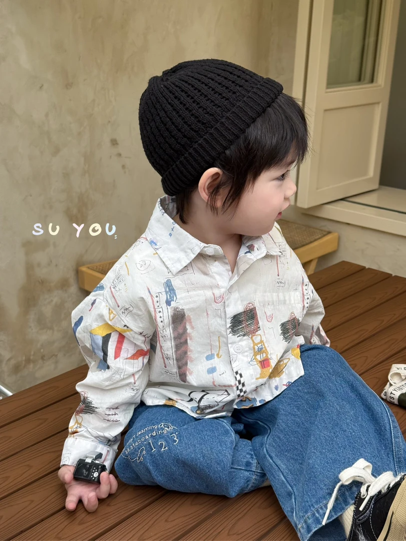 苏右 2025春季新款男童小童宝宝韩版涂鸦棉衬衫刺绣牛仔长裤潮
