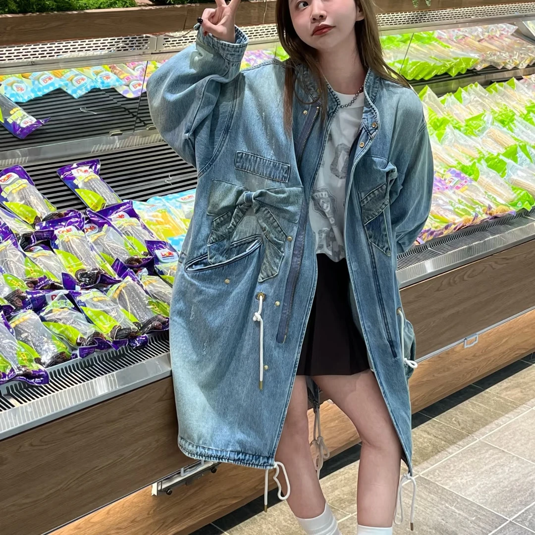 尾～亲妈～丫2025春季新款蝴蝶结派克服牛仔外套