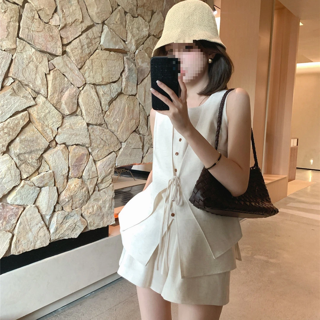 高级老钱风亚麻马夹短裤两件套装女2025夏季老钱风亚麻套装女