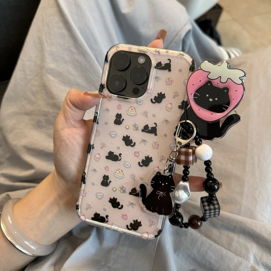 卡通满屏草莓蛋糕小黑猫适用苹果16手机壳iphone15可爱14promax13